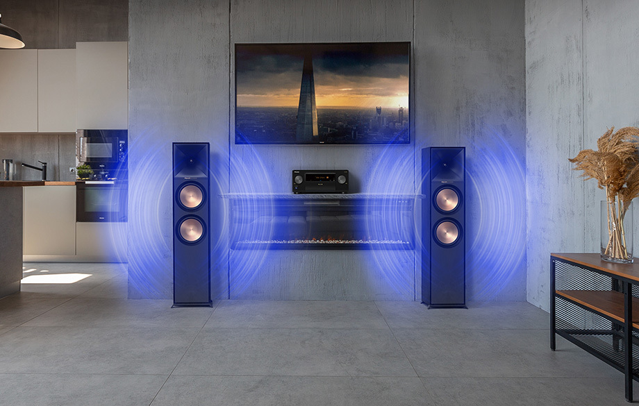 Elite VSX LX505 with Klipsch Floors and Sound Waves in Industrial Home 920x585
