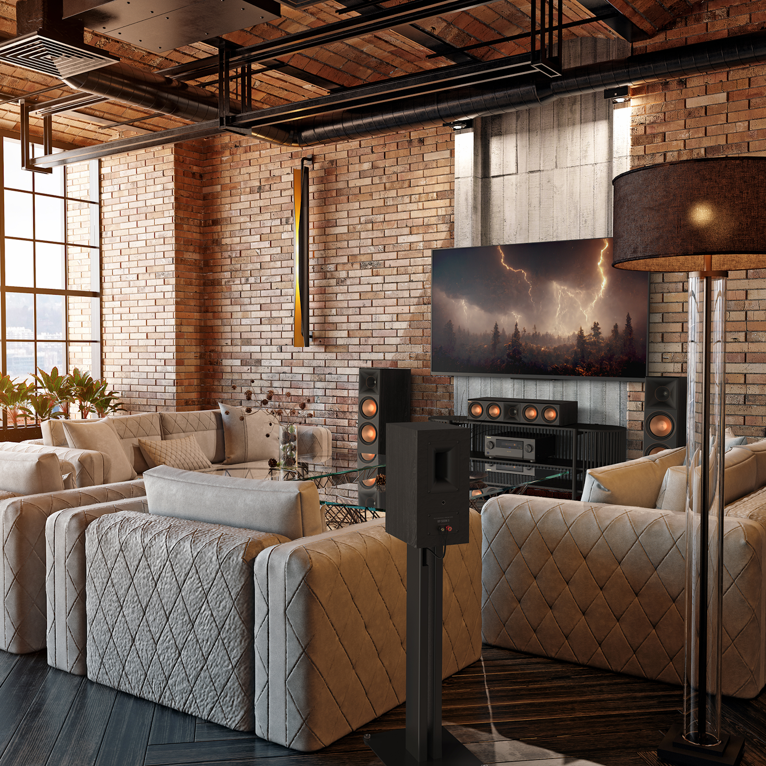 Elite VSX LX805 Home Theater System in Industrial Brick Loft Living Area 2000x2000