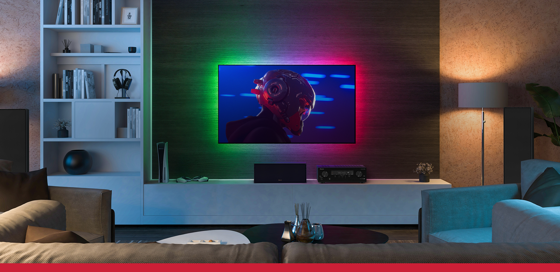 Pioneer VSX 835 and Klipsch R 800 F R 50 C in living room with space movie overlay 1920x934